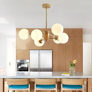 ENXING Pendelleuchte E27 Moderne Pendellampe Kreative Dekoration Wohnzimmer Kronleuchter Eisen Hängelampe Glaskugel Deckenleuchte Weißer Schatten Hängeleuchte Küche Esszimmer Bar,Gold,6 heads