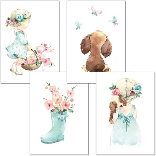 LALELU-Prints Bilder Kinderzimmer Poster Babyzimmer Deko Mädchen Jungen Kinderbilder Set Kinderzimmerbilder (Hundemädchen 4er Set)