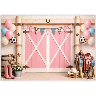 Luminora 2,1 x 1,5m Hintergrund mit Motiv rosa Western Cowgirl | Polyesterstoff, Wandbehang, Hintergrund Ballons Kuhmuster, Partyartikel für Babyparty und Geburtstag, Fotobox im Freien