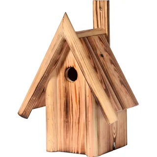 dobar® 13071e Nistkasten Hexenhaus II Ø 32 mm - Nisthöhle für Wildvögel - Nistkasten Massivholz - Nisthilfe mit Schilfdach Vogelhaus für Höhlenbrüter - 25 x 17,5 x 33 cm - Geflammt
