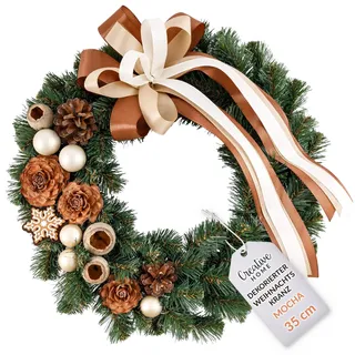 Creative Home Weihnachtskranz Mokka Türkranz Weihnachten Tannenkranz ø35 cm | Künstlich | Tischkranz Adventskranz für Haustür Wand Tisch Indoor & Outdoor Weihnachtsdeko draußen Winter Deko