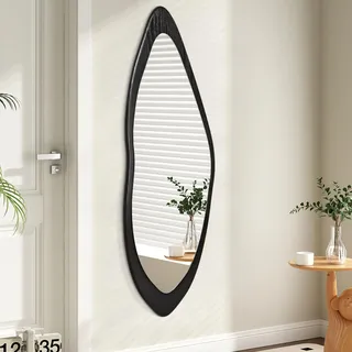 AAZZKANG Unregelmäßiger Wandspiegel, volle Länge, großer Holzrahmen, Spiegel, 120 x 40 cm, schwarz, asymmetrisch, Ganzkörperspiegel für Schlafzimmer, Wohnzimmer, Eingangsbereich
