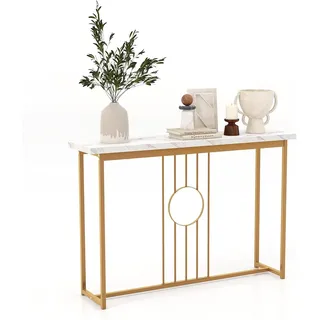 FANTASK Konsolentisch Marmor Optik, 120 x 30 x 80,5 cm Beistelltisch schmal mit Metallgestell & verstellbaren Fußpolstern, Flurtisch Sofatisch