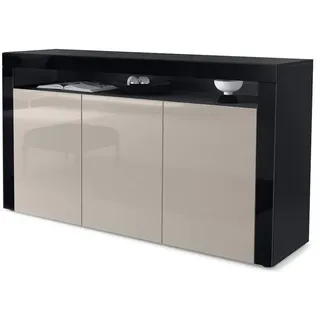 Vladon Sideboard Valencia (Schrank, mit 3 Türen und 1 offenem Fach), Schwarz / Sandgrau Hochglanz/ (155 x 92 x 40 cm) grau