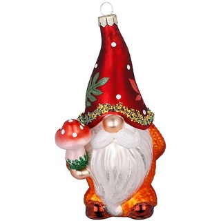 Weihnachtsbaumfigur Gartenwichtel 13.5cm | Weihnachten Weihnachtskugel Christbaumschmuck | Figur süßer Zwerg aus Glas (Fliegenpilz orange)