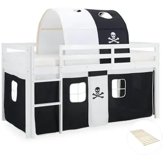 Homestyle4u Hochbett Pirat 90 x 200 cm Kiefer massiv weiß schwarz