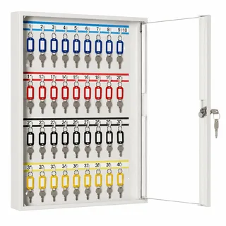 LEOMAR Schlüsselschrank, Schlüsselkasten mit 40 Haken, Schlüsselbox aus Stahlblech mit Glastüren, mit Festen Hakenleisten, Organizer zur Wandbefestigung, Abschließbar, 6 x 35 x 42 cm