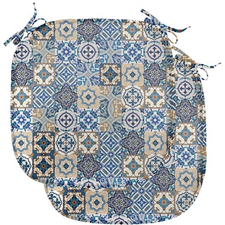 ABAKUHAUS marokkanisch Polster für Esszimmerstühle, Portugiesisch Traditionelle, Dekoratives wasserfestes Kissen mit Riemen für Küchensitze, 40 cm x 40 cm-2er Pack, Blau, Weiß, Hellbraun