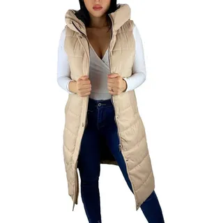 Worldclassca Longweste Worldclassca DAMEN STEPPWESTE LANG KAPUZE WESTE ÄRMELLOS OUTDOOR (1-tlg) ÜBERGANGSJACKE GESTEPPT WARM JACKE NEU S-3XL beige 2XL