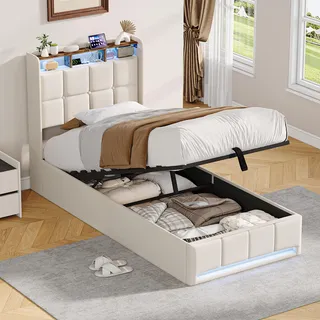 AONYAYBM Bett 90x200cm mit Bettkasten, Polsterbett Einzelbett mit LED und USB, Hydraulisch Stauraumbett, Jugendbett mit Stauraum Kopfteil, Bettgestell mit Lattenrost, Boxspringbett, Leinen (Beige-A)