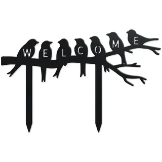WADORN Dekorative Gartenstecker Aus Metall de Welcome Bird, Lustige Vogel Auf Zweig Metall Silhouette Statuen Willkommens Garten Ornament Schwarze Hof Kunst Dekor Für Außenbereich Hinterhof Rasen