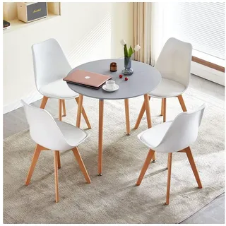LuxusKollektion Esstisch Esstisch rund 80cm 4er Set Grau Tisch 4 Weiß Buche Stühle (1-St) bunt