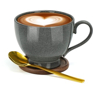 Cappuccino Tassen Groß, Kaffeetasse Groß 500ml Groß Keramik Kaffeetassen Becher, Dickwandige Kaffeetassen mit Untertasse und Löffel, Vintage Cafe Tasse,Große Espressotassen (Grau)