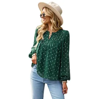 CHOUBAGUAI Damen Babydoll Shirt V Ausschnitt Chiffon Oberteil Sommer Tops Casual Loose Button Up Langarm Flowy Shirt Shirt - Dunkelgrün, XL - XL