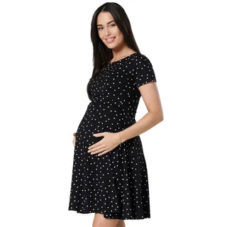 HAPPY MAMA. Damen Umstands Stillkleid Midi Schaukel Kleid Kurzarm.084p (Schwarz mit kleinen weißen Punkten, 44, 2XL) - 44