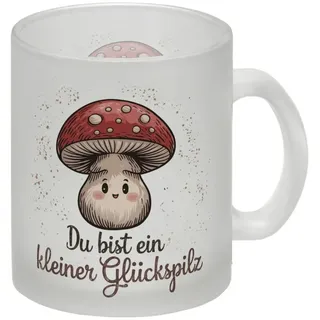 speecheese Pilz mit Gesicht - Glückspilz Glas Tasse mit roter Kappe und weißen Punkten deutscher Text süße Illustration - Tasse für gute Laune und Glück