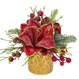 Mini Tabletop Weihnachtsbaum Kunstpflanze im Topf Weihnachtsdeko mit Rot Magnolie und Beeren für Weihnachtsdekoration Wohnkultur Küche Esstisch, Dekopflanze Zimmerpflanze Tischdeko