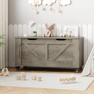 Garvee Spielzeugkiste mit Rollen, Große Spielzeugtruhe aus Holz mit Sicherheitsscharnieren, Sitztruhe & Aufbewahrungsbox für Kinderzimmer, Schlafzimmer & Flur, 100cm, Rustikales Grau
