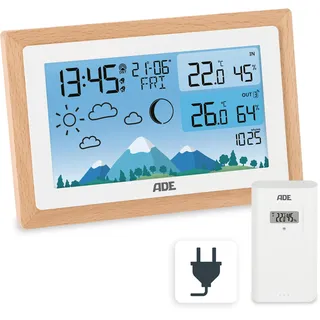 ADE Funkwecker digital mit Batterie | Wecker mit Temperaturanzeige | Funkuhr mit 2 Weckzeiten | Thermometer Hygrometer Barometer innen außen | Wetterstation Funk mit Außensensor | inkl. Netzteil
