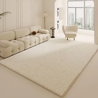 Moderner Teppich, rutschfest, 180 x 230 cm, Kurzflor, Kaschmirähnlich, für Wohnzimmer, Schlafzimmer und Flur, Beige Weiß gestreift, waschbar, große Größe