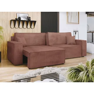 MIRJAN24 Schlafsofa Karl Cord mit L-Funktion, mit zwei Bettkästen und Schlaffunktion, Rückenlehne in Form beweglicher Kissen rosa 245 cm x 82 cm x 90 cm