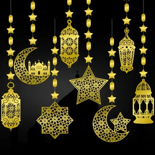Ramadan Deko Eid Girlande Dekoration, 8 Stück Ramadan Mubarak Banner Gold Stern Mond Ramadan Dekorationen, EID Mubarak Deko für Eid Festival Party Dekoration, Ramadan Kareem Dekoration