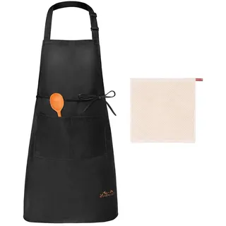 Viedouce Schürze, Wasserdicht Kochschürze mit Taschen, Verstellbarem Küchenschürze Grillschürze latzschürze für Frauen Männer Chef-Belastbar & Einfach zu Reinigen(1x Schürze Schwarz+ 1 x Küchentuch)