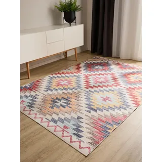 benuta Basic Waschbarer Teppich George - Multicolor/Beige 200x300 cm - Kunstfaser - Rechteckig & im Style: Kelim, Ethno-Style, Shabby Chic - Pflegeleicht für Wohnzimmer Schlafzimmer