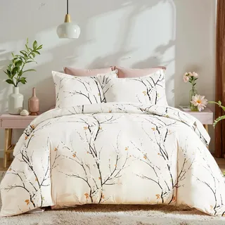 Freyamy Bettwäsche 135x200 Blumen Beige Floral Zweige Bettwäsche-Sets Mädchen Aesthetic Kinderbettwäsche Microfaser ÖKO-TEX Deckenbezug 1 Bettbezug mit Reißverschluss und 1 Kissenbezug 80x80cm