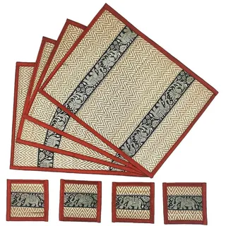 Kitama Tisch-Set Platz-Set 8-teilig aus Bast Rot – Elefantenmuster