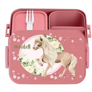 wolga-kreativ Personalisierte Kinder-Bento-Brotdose rosa mit Pony-Motiv und 3 Fächern - mit Besteck und Unterteilung - Geschenk zur Einschulung, für Schule und Kindergarten