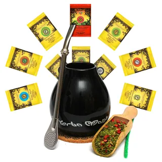 Mate Green Mate Tee Set, Mate Tee 10 x 50 g, Keramik Mate Becher 350 ml, Bombilla 19 cm, Strohhalm aus Edelstahl, Mate Geschenk Set, 700 g