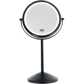 Yarhom Vergrößerungsspiegel mit Lichtern für Make-up-Schreibtisch, 1 x/10 x doppelseitiger Kosmetikspiegel, runder Tischspiegel mit Ständer (Schwarz,10X Vergrößerung,Mit Licht)