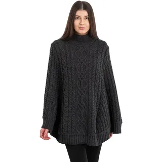 SAOL 100% Merinowolle Zopfmuster Damen Irish Aran Poncho Cardigan (DE/NL/SE/PL, Alphanumerisch, L, XL, Regular, Regular, Dunkelgrau) - L-XL
