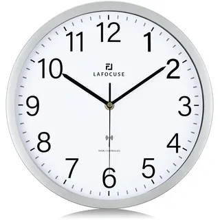 Lafocuse 30cm Wanduhr Funk Ohne Tickgeräusche Lautlos, Funkuhr Küchenuhr Silber für Wohnzimmer Schlafzimmer Büro Küche
