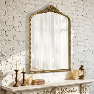 Gold Vintage Spiegel,Gewölbter Barocker Wandspiegel Größe 48x71.5cm | Bogenspiegel mit Eisenrahmen, Spiegel antik,Rostfrei, HD-Spiegel,traditioneller kunstvoller Mirror für Badezimmer