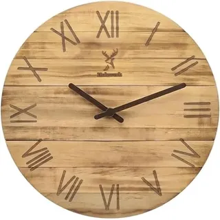 Holzwerk Retro 35 cm Natur Geflammte Wanduhr Holz-Uhr Rustikal Vintage Braun nahezu lautlos aus handgefertigtem Massivholz Natur Holz mit Hirsch Motiv Römische Ziffern (HW.Braun)