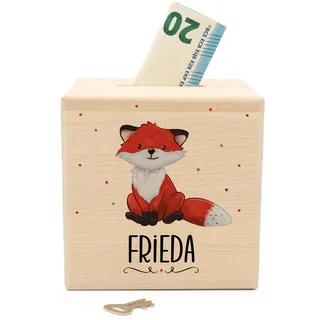 Muckelmeister Spardose Kinder Personalisiert mit Namen aus Holz - 10x10x10cm - Spardose mit Schloss und Schlüssel - Nikolaus Geschenke Kinder Weihnachten - originelle Geschenke zur Geburt – Fuchs