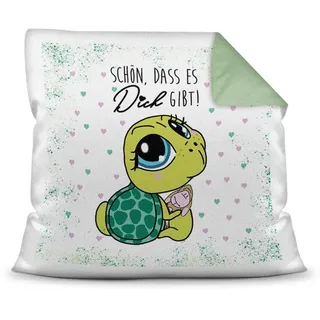 Print Royal Deko-Kissen Tiere mit liebem Spruch - Schön, DASS es Dich gibt - Schildkröte/Ich Liebe Dich/Geschenk für Freund, Freundin / 40x40 / Rückseite Seegrün inkl. Füllung
