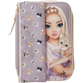 DEPESCHE 13658 TOPModel Kitty and Doggy - Gefüllte Federtasche in Lila, inkl. Schlampermappe, mit Model Motiv und Katzen Muster, Federmappe mit Buntstiften, Schere UVM.