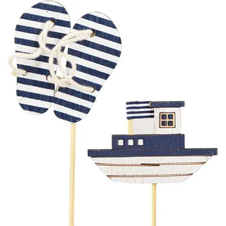 Gartenstecker maritim Flip Flops & Boot Holz Blau Weiß 8cm 12St