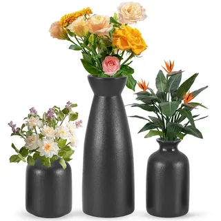 BlingBin Dekovase 3er-Set Keramik Vasen, Kleine Blumenvasen für Schnitt-/ Trockenblumen (3er Set, 3 St., Pampas-Vase: 22.5x8,5 cm;Klein Vase: 12x7 cm;Knospen Vase: 10x7.4 cm), Vasen für Regal, Tisch und Sideboard, Keramik, standfest schwarz