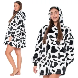 nikcorp - Decke mit Ärmeln - Hoodie Decke - Oversize, 2 Warme Schichten, XXL One Size, mit Großer Tasche - Ärmeldecke, Deckenhoodie für Winter und Herbst - Kuh - Weiß-Schwarz - XXL Einheitsgröße