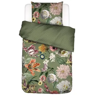 Essenza Bettwäsche Filou Forest Green Satin, Satin, 2 teilig, Blumen, Rosen, Dahlien, Punkte grün