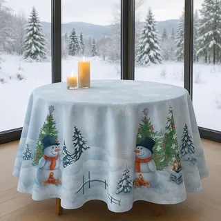 KAMACA Tischdecke mit hochwertigem Druck-Motiv Küche Esstisch Eyecatcher Herbst Winter Weihnachten (Frosty Snowman 150 rund)