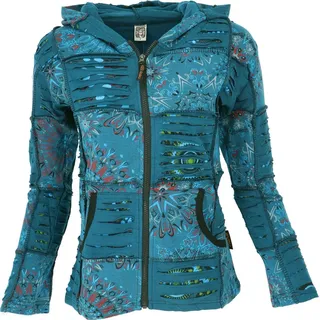 Goa Patchwork Jacke, Boho Kapuzenjacke, Ethno Jacke - Petrol, Damen, Blau, Baumwolle, Größe: XL - Blau - 38