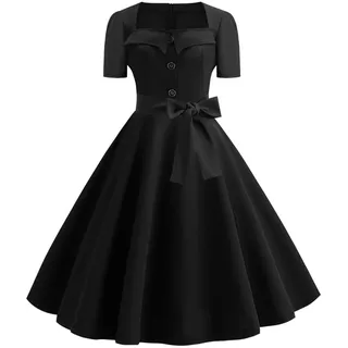 50er Rockabilly Petticoat Kleider Damen Retro Tupfen Druck Abendkleid Quadratischer Kragen Kurzarm Swing Kleid Partykleid Mit Bogen Knöpfe Ballkleid Cocktailkleid Brautjungfern Kleid