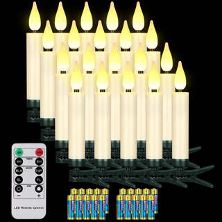 yunsheng 20 stk LED Weihnachtsbaumkerzen kabellos mit Fernbedienung Timer, Batteriebetriebene Flammenlose Flackern Weihnachtskerzen, Christbaumkerzen lichterkette, IP64, (Enthält 20 Batterien)