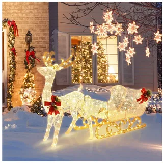 COSTWAY Weihnachtsfigur LED-Rentier mit Schlitten, Weihnachtsdeko für Außen & Innen, 184x50x123 cm, Warmweiß goldfarben 50 cm x 123 cm x 184 cm