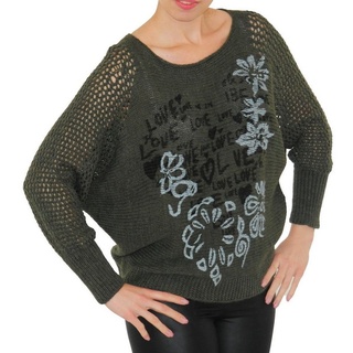 YESET Longpullover Pullover Strick Pulli Love-Blumen Top-Netz leicht Wolle grün